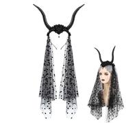 Halloween Goat Horns Headband, Girls Gothic Veil Hair Hoop, 30.31x12.99 Inches Lightweight & Comfortable Design, Cosplay Costume Hairband for Themed Gatherings, Holiday Performances, Masquerade Balls