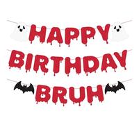 Halloween Happy Birthday Bruh Banner, Striscione Carta Rossa Glitterata Preassemblato Decorazioni Fantasma e Pipistrello Ghirlanda per Halloween Tema Spaventoso Festa Compleanno Forniture