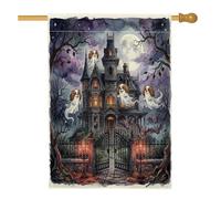 Halloween Haunted House Cavalier King Charles Spaniel Dog House Bandiera 71,1 x 101,2 cm Double Face per la decorazione esterna, Ghost FrontYard Tela Home Flag, Raccapricciante Outdoor Pattern
