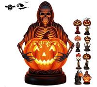 Halloween Horror Themed Pumpkin Lights, Gothic Resin Lantern with Skull & Witch Design, Lantern Halloween Ornaments, Uniquely Designed Resin Pumpkin Lantern,Fantasy Dark Aesthetic Night Light (A)
