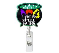 Halloween I Put A Spell on You Nurse Badge Reel retrattile carino glitter The Witch's Calderon Tag Nome Tag Acrilico Alligatore Clip Halloween Carino Badge Clip ID Badge Holder per infermiere Lavoro
