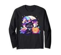 Halloween Kitty Cat Witch Hat Zucca Jack o Lanterna Grafica Maglia a Manica