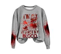 Halloween Kostüm Donne Word Graphic Felpe Per Le Donne I'M Ok It's Not My Blood Felpa Sarcastica Halloween Humor Pullover Morbido Stampato Camicia Felpa Donna, Grigio, L