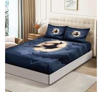 Halloween Lenzuolo con Angoli 160x190x30 cm, Microfibra Lavabile Strega Scopa Pipistrelli Luna Piena Stampa Biancheria da letto per la casa invernale Adatto a bambini, adulti