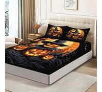 Halloween Lenzuolo con Angoli 200x200x30 cm, Microfibra Lavabile Cappello Da Strega Zucca Spettrale Luna Stampa Biancheria da letto per la casa invernale Adatto a bambini, adulti