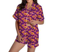 Halloween Loungewear Set per le Donne 2 Pz Donne Grafica Stampato Raso Carino Bottoni Manica Corta Top Pantaloncini Set Abbigliamento Casa Abbigliamento, Viola, L