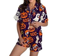 Halloween Loungewear Set per le Donne 2 Pz Donne Grafica Stampato Raso Carino Bottoni Manica Corta Top Pantaloncini Set Abbigliamento Casa Abbigliamento, Viola scuro, XL