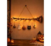 Halloween Luminous Witch Broom Wall Hanging Decor, Rustic Lighted Twig Ornament with Ghost, Pumpkin, Black Cat, Moon and Bell Charms for Haunted House, Porch, Party and Indoor Display