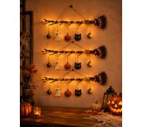Halloween Luminous Witch Broom Wall Hanging Decor, Rustic Lighted Twig Ornament with Ghost, Pumpkin, Black Cat, Moon and Bell Charms for Haunted House, Porch, Party and Indoor Display