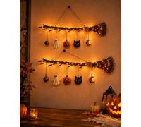 Halloween Luminous Witch Broom Wall Hanging Decor, Rustic Lighted Twig Ornament with Ghost, Pumpkin, Black Cat, Moon and Bell Charms for Haunted House, Porch, Party and Indoor Display