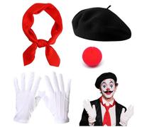 Halloween Mime Costume Set Nero Berretto Francese Berretto Txapela Sciarpa Rossa Bandana Guanti Bianchi Naso Pagliaccio Rosso, Rosso, Medium-Large