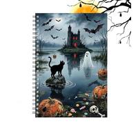 Halloween Notebook | Gothic Halloween Spiral Meeting Planner | Castle Ghost | Ghost Black Cat Pumpkin Bat Castle Cover College Office College Work Notebook For Note Taking