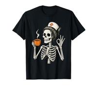 Halloween Nurse Skeleton Messy Bun Coffee Funny Nurse Women Maglietta