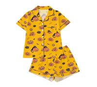 Halloween, pigiama da donna a maniche corte, camicia frontale con bottoni a maniche corte, pantaloncini elastici in vita, colletto dentellato orli, grande stampa zucca per la preparazione delle feste