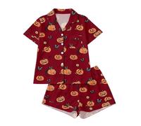 Halloween, pigiama da donna a maniche corte, camicia frontale con bottoni a maniche corte, pantaloncini elastici in vita, colletto dentellato orli, grande stampa zucca per la preparazione delle feste