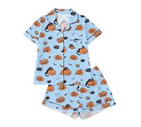 Halloween, pigiama da donna a maniche corte, camicia frontale con bottoni a maniche corte, pantaloncini elastici in vita, colletto dentellato orli, grande stampa zucca per la preparazione delle feste