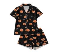 Halloween, pigiama da donna a maniche corte, camicia frontale con bottoni a maniche corte, pantaloncini elastici in vita, colletto dentellato orli, grande stampa zucca per la preparazione delle feste