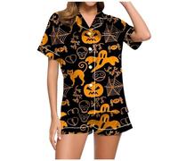 Halloween Pigiami - Pigiama da Donna per Halloween, Stampa Pipistrello Zucca Casual Grafica abbottonatura Pigiameria - Costume da Salotto alla Elegante Allentato