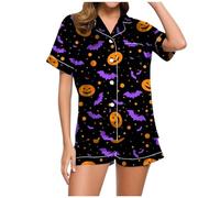 Halloween Pigiami - Pigiama da Donna per Halloween, Stampa Pipistrello Zucca Casual Grafica abbottonatura Pigiameria - Costume da Salotto alla Elegante Allentato