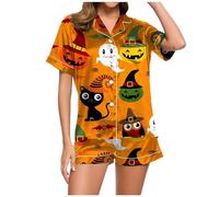 Halloween Pigiami - Pigiama da Donna per Halloween, Stampa Pipistrello Zucca Casual Grafica abbottonatura Pigiameria - Costume da Salotto alla Elegante Allentato