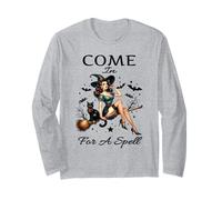Halloween Pin Up Ragazza Vieni In Per Un Incantesimo Vintage Witch Maglia a Manica