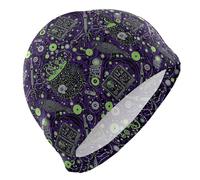 Halloween Polka-dot Corvo e Crogiolo Verde Viola Cuffia da Nuoto per le Signore Capelli Corti Impermeabile Cuffia da Nuoto per Le Donne Protezione dei Capelli e Riduzione Della Resistenza Gorras de