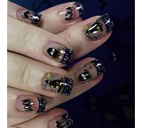 Halloween Press On Nails 24Pcs Tema Scuro Gattino Tomba Design Glittering Francese Punte Unghie Art Per Costume Dark Fantasy Press On Nail