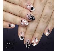 Halloween Press On Nails Tanond French Tips Acrilico Finto Con Disegni Pipistrelli Floreali Stick Per Un Chiodo Da Donna Stick