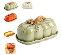 Halloween Pumpkin Butter Dishes with Lid,Pumpkin Shaped Ceramic Snack Plate & Cheese Board,Multi-Purpose Kitchen Countertop Tray,Decor Dinnerware for Thanksgiving Party (Green)