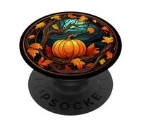 Halloween Pumpkin Stained Glass Black Autumn Leaves PopSockets PopGrip Adesivo