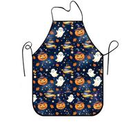 Halloween Pumpkins Ghost Pattern Jack-O-Lantern Grembiule da cucina | Illustrazione fantasiosa, grembiule da cucina, accenti foglia autunnale, sfondo notte stellata, abbigliamento da cucina
