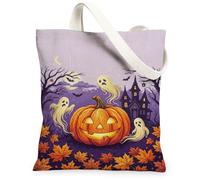 Halloween Pumpkins Ghost Theme Canvas Tote Bag 33 x 38 cm | Lanterna Jack-o'-lantern, Sagoma spettrale del maniero, fantasmi fantasiosi, foglie autunnali vibranti