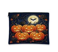 Halloween Pumpkins Gothic Rose Theme Jack-O'-Lantern Makeup Bag 17,8 x 22,9 | Accenti gotici rosa, astuccio con cerniera per trucco, inquietante silhouette di luna piena, decorazione autunnale stagionale