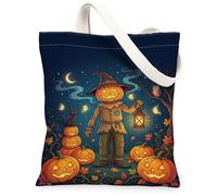 Halloween Pumpkins Spaventapasseri Illustrazione Canvas Tote Bag 33 x 38 cm | Fantasioso Jack-o'-lantern, cielo stellato, foglie autunnali accoglienti, gatto spettrale, lanterna rustica luminosa