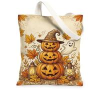 Halloween Pumpkins Stack Autumn Jack-o'-Lantern Canvas Tote Bag 33 x 38 cm | Torre di zucche impilate, cappello da strega, fantasma amichevole, lanterne rustiche, foglie d'acero autunnali