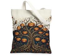 Halloween Pumpkins Tree Illustrazione Canvas Tote Bag 33 x 38 cm | Lanterne Jack-o'-lanterns, tema foresta incantata, motivo gufo fantasioso, fogliame autunnale, estetica del raccolto