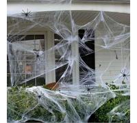 Halloween Ragnatela Decor, 200g Stretch Web +40 Black Fake Spiders | Ragnatela elastica bianca da 200g con 40 ragni finti neri, decorazione Halloween interna/esterna facile da stendere.