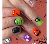 Halloween Ragnatela Pipistrello Press-On Unghie Corte Piazza Glitter Punte Finte 24PCS Partito Rapida Applicare Chiodo quadrato corto