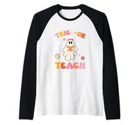 Halloween retrò Floreale Fantasma Insegnante Trucco o insegnare Groovy Maglia con Maniche Raglan