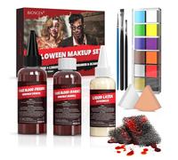 Halloween Sangue Finto Set, 60ml Sangue Liquido, 50ml Crosta Sangue, 30ml Latex e 12 Colori Pittura per il Viso, per Trucco Halloween Zombie e Vampiri Teatrale con Spugna per il Trucchi