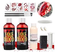 Halloween Sangue Finto Set, Halloween Makeup, Sangue artificiale per Halloween, 60ml Sangue Finto Artificiale Fresco, 60ml Sangue Finto Rosso Scuro, Denti di Vampiro, Cicatrici Adesivi