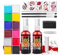 Halloween Sangue Finto Set, Halloween Makeup, Sangue artificiale per Halloween, 60ml Sangue Finto Artificiale Fresco, 60ml Sangue Finto Rosso Scuro, Denti di Vampiro, Cicatrici Adesivi