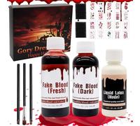 Halloween Sangue Finto Set, Sangue Finto Lavabile, 58ml Sangue Artificiale Fresco, 48ml Sangue Finto Rosso Scuro, 20 Tatuaggi Temporanei per Cicatrici, 28ml Lattice Liquido, Trucco per Halloween