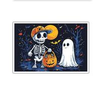Halloween scheletro carino e fantasma tela arte della parete spettrale Moonlit Forest stampe Dolcetto o scherzetto scheletro opera d'arte stagionale per la decor della camera 50x75cm senza cornice