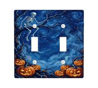 Halloween scheletro e jack-o-'-lantern doppia luce interruttore piastra di | Jack-o'-lanterns, skyline di notte stellata, sagome di alberi nudi, decorazione per la casa autunnale, estetica spettrale