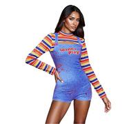 Halloween-Schrei-Kostüm für Frauen, gruseliges Killerpuppen-Kostüm, langärmliges Oberteil mit hohem Halsausschnitt, kurzes Overall-Set, Chucky-Kostüm (Multicolore, S)
