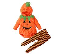 Halloween Set Neonato Pagliaccetto con Cappuccio Manica Lunga Zucca Pantaloni con Piedi A Righe Abbigliamento Autunno Primavera Morbido in Cotone per Bambino Bambina 0-24 Mesi (L-Orange, 12-18 Months)