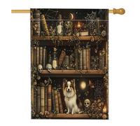 Halloween Shetland Sheepdog Dog Front Yard Linato Vertical House Flags 28x40 Double Sided per esterno, Scary Witchy Magic Books Puppy Home Print Flag, Pet Home Outdoor Pattern Flag