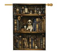 Halloween Shih Tzu Cane Front Yard Cortile Lino Casa Verticale Bandiere 28x40 Double Face per Esterno, Scary Witchy Magic Books Puppy Home Print Flag, Pet Home Outdoor Pattern Flag