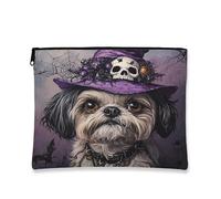 Halloween Shih Tzu Dog Makeup Bag 7x9 Pollici per Viaggio, Divertente Gotico Witch Bat Pattern Cosmetic Pouch per le donne, Witchy Portable Canvas Zipper Organizer